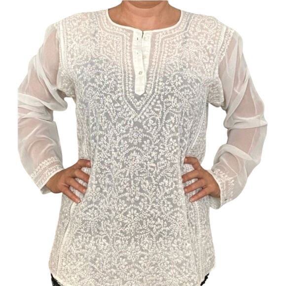 Daisy Fuentes Moda Chiffon Top Women's Small Sequin Embroidered Sheer Floral - Picture 1 of 10